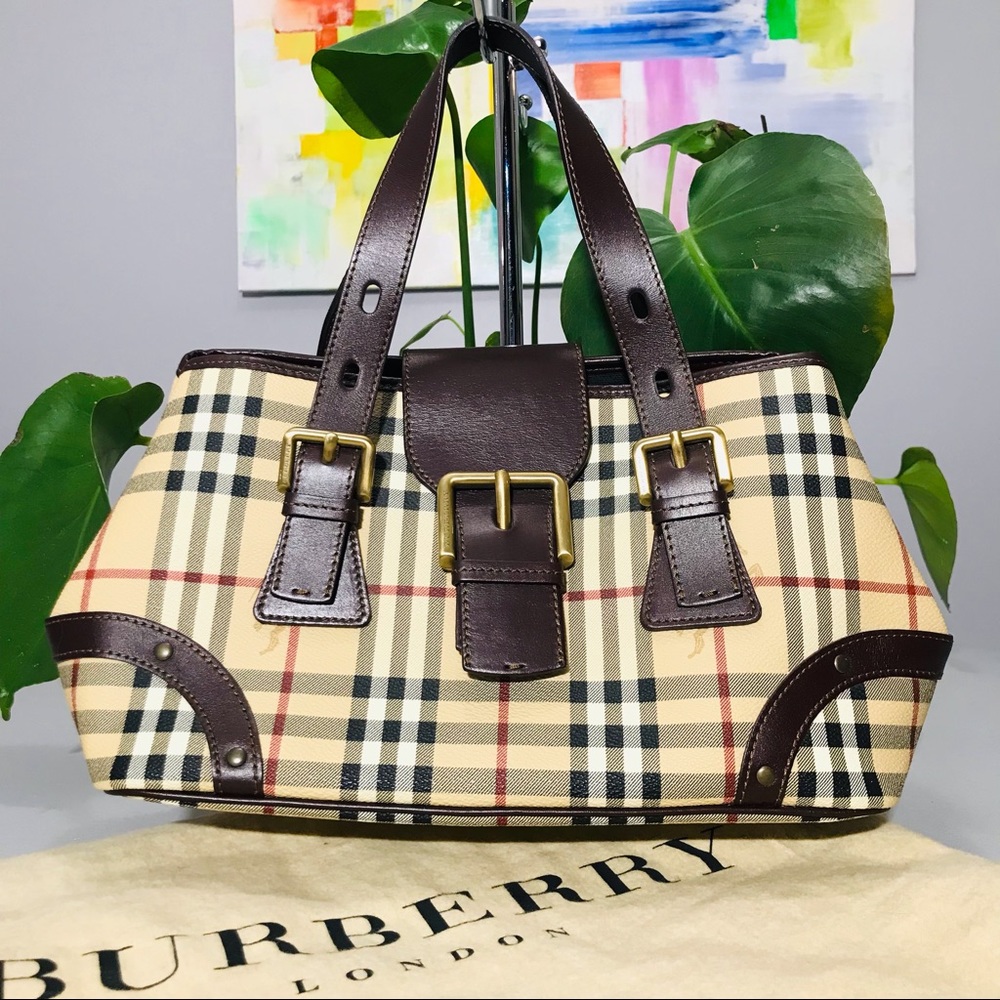 Burberry Beige Black Red and Brown Leather Shoulder Bag